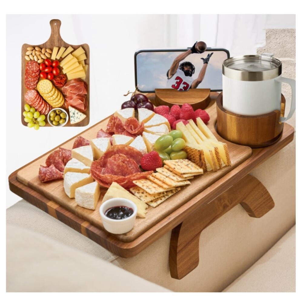 Acacia Wood Couch Arm Table Tray Charcuterie Cheese Board & PhoneHolder, CupSlot